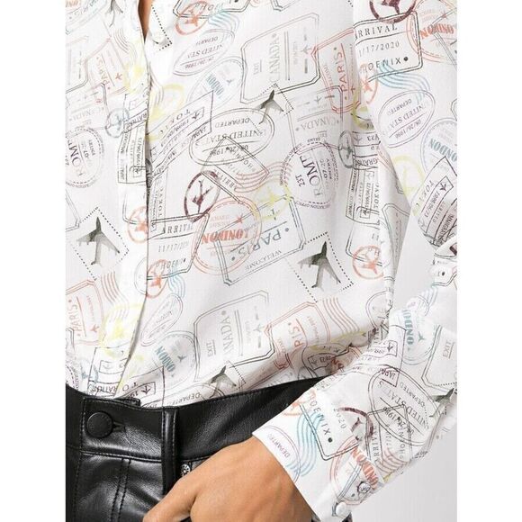 Alice + Olivia Willa Globe Trotter Travel Stamp Print Shirt Silk Top Postcard XS - Picture 4 of 7